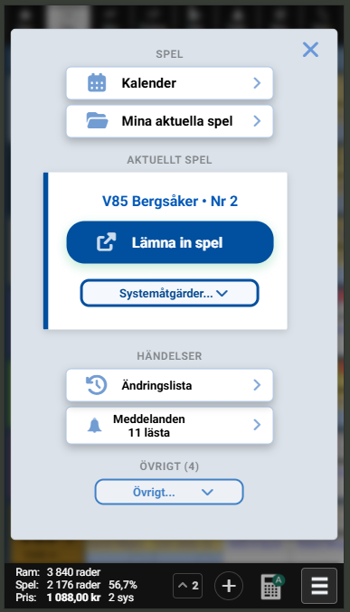 BT One med fliknavigering och åtgärdsmeny